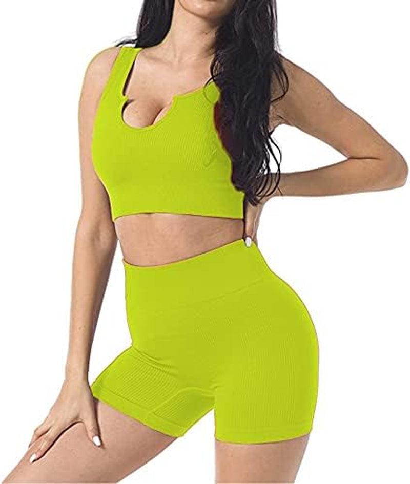 Seamless Workout Sets for Women 2 Piece Yoga Outfits Ribbed High Waist Leggings with Sports Bra Gym Set.